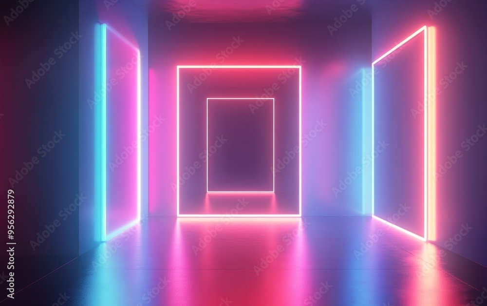 Abstract blurred 3D rendered background featuring glowing lightboxes and geometric shapes for showcasing products or presentations in soft focus Abstract blurred 3D rendered background featuring glowing lightboxes and geometric shapes for showcasing products or presentations in soft focus
