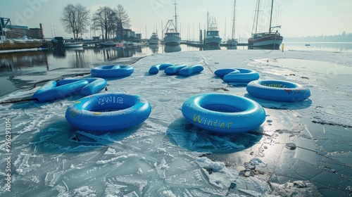 A quiet winter morning at a frozen harbor, with "Winter" spelled out in cheerful blue inflatable pool floats on the ice, and boats moored silently in the background.