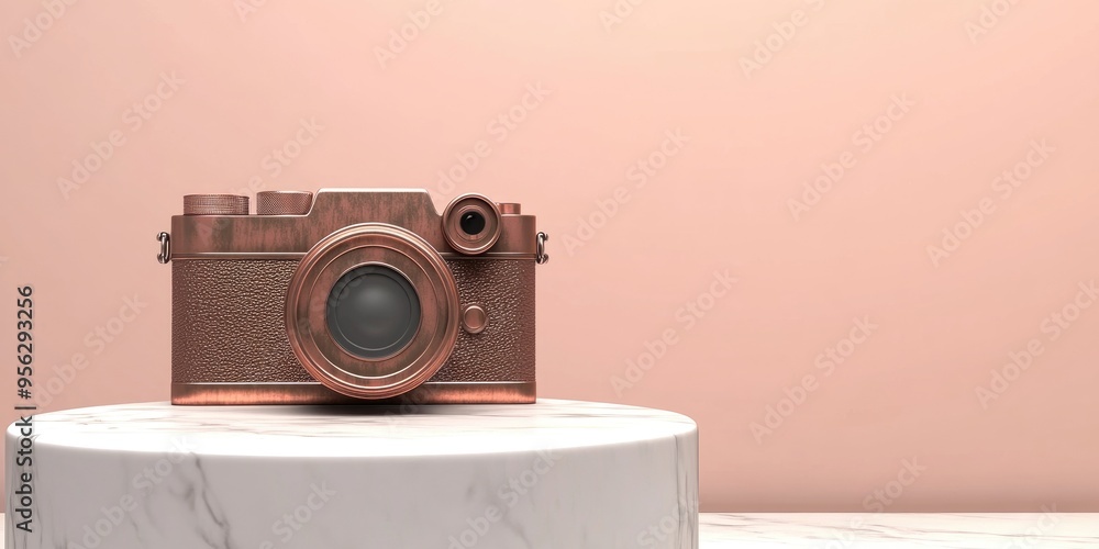 Fototapeta premium Bronze photo camera symbol displayed on a white marble podium Icon for use in websites social media presentations and design templates 3D rendering