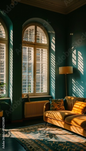 Sunbeams Illuminating a Living Room with a Couch and a Rug