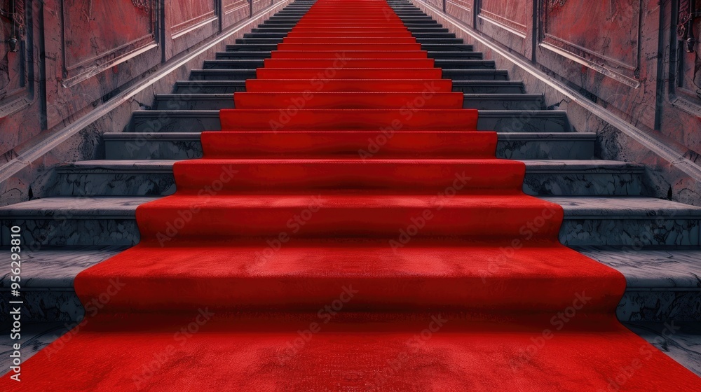 Red carpet on a stairway used to mark the route taken by heads of state vips and celebrities on ceremonial and formal occasions or events Red carpet on a stairway used to mark the route taken by heads of state vips and celebrities on ceremonial and formal occasions or events