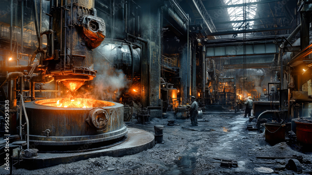 Skilled workers pour sizzling molten iron from ornate cauldrons into large round containers, showcasing the intense activity in a vibrant foundry Skilled workers pour sizzling molten iron from ornate cauldrons into large round containers, showcasing the intense activity in a vibrant foundry