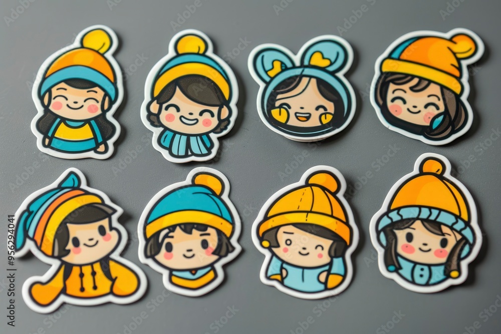 Collection of Eight Cartoon Stickers Depicting Winter-Themed Characters Collection of Eight Cartoon Stickers Depicting Winter-Themed Characters