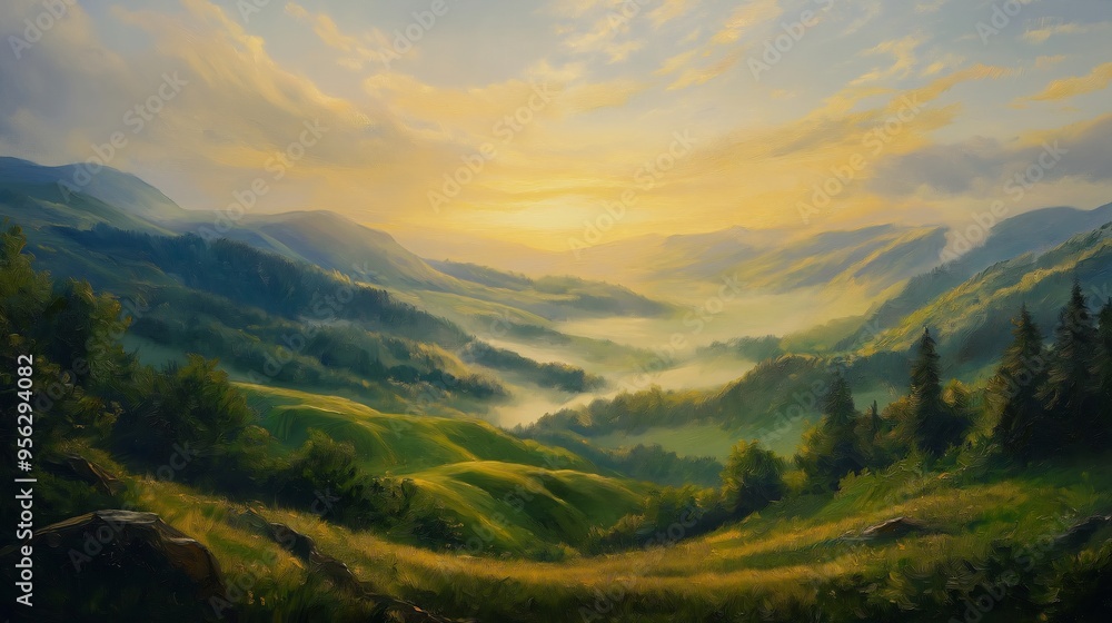 Misty Mountain Valley Sunrise Landscape Misty Mountain Valley Sunrise Landscape