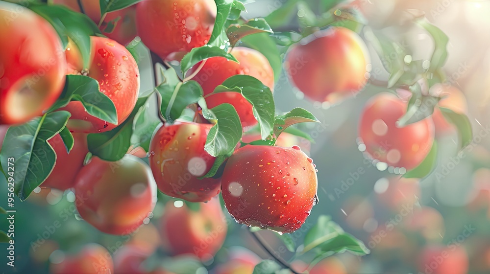 Obraz premium Ripe and juicy red apples suspended on a tree