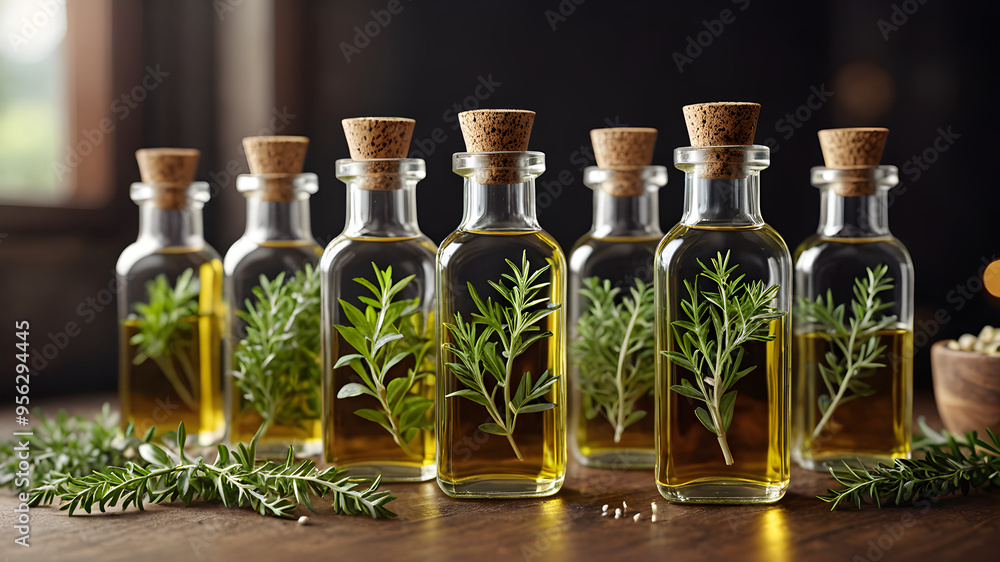herb-infused oils, bottles with herbs inside, illustration herb-infused oils, bottles with herbs inside, illustration