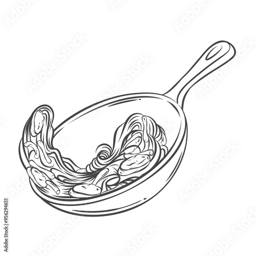 Flying wok of fried noodles line icon. Tossing noodles, vegetables and meat in frying pan to cook Chinese dish. Asian food, cooking process mascot, hand drawn stir fry skillet icon vector illustration