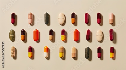 Mix of medical capsules in lines on light beige top view Preventive medicine and healthcare dietary supplements and vitamins Assorted pharmaceutical medicine capsules photo