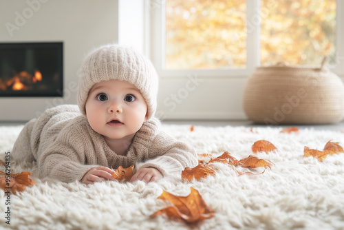 Kid playing with autumn leaves on fluffy white rug on bright sunny morning indoors
