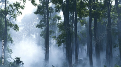 Trees in the fog. The smoke in the forest in the morning. A misty morning among the trees photo