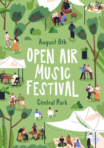 Summer open-air festival, poster design. Outdoor holiday event in park with music and food. Ad flyer, promotion card template. Music fest in nature, vertical background. Flat vector illustration