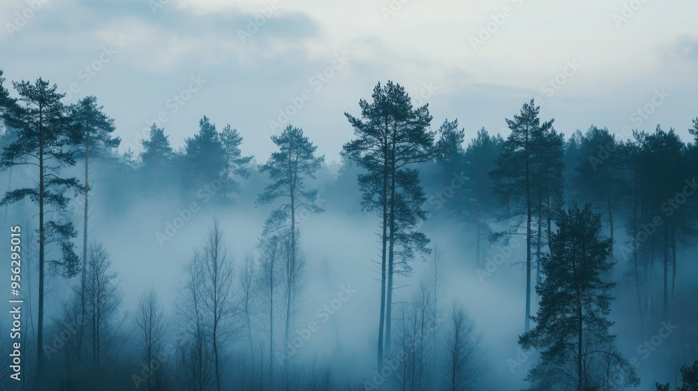 Trees in the fog. The smoke in the forest in the morning. A misty morning among the trees Trees in the fog. The smoke in the forest in the morning. A misty morning among the trees