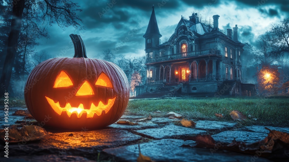 Halloween Poster Featuring Scary Pumpkin and House with a Fantastic Background, 3D Illustration. AI generated illustration Halloween Poster Featuring Scary Pumpkin and House with a Fantastic Background, 3D Illustration. AI generated illustration