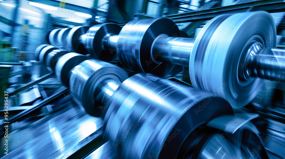The dynamic movement of black rolls in a factory highlights the high-speed process of printing newspapers with a striking blue ambiance The dynamic movement of black rolls in a factory highlights the high-speed process of printing newspapers with a striking blue ambiance