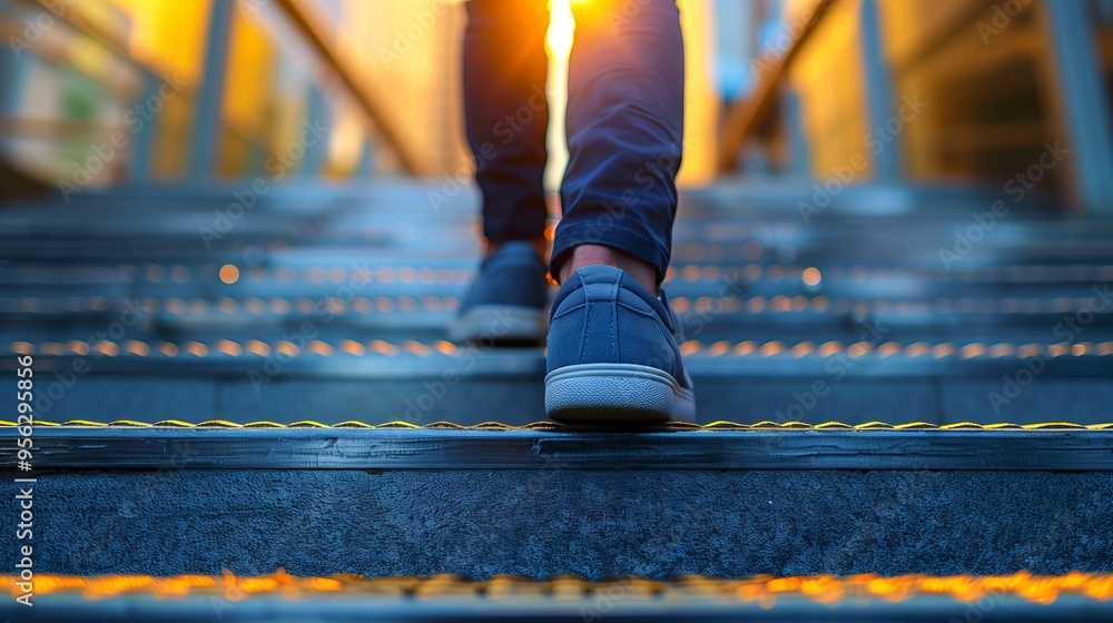 Fototapeta premium Person Walking Up Stairs in Sunset Light
