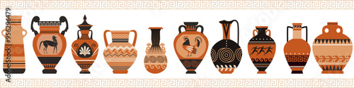 Ancient Greece amphoras with pattern vector set, antique various shapes vase, vintage pitcher museum exhibits collection