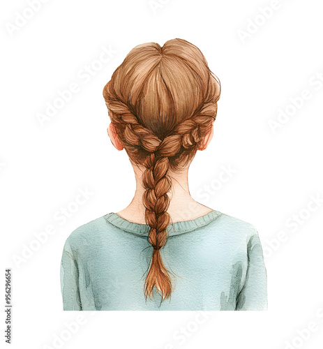 Girl with a pigtail, rear view, watercolor clipart illustration with isolated background.