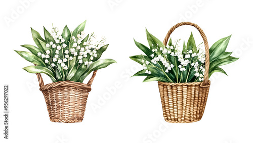 Vintage wicker basket with bouquet lilies of the valley, watercolor clipart illustration with isolated background.