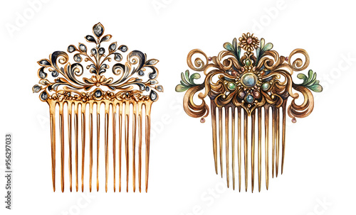 Antique jewelry gold bronze hairpin comb hair with ornate ornament, watercolor clipart illustration with isolated background.