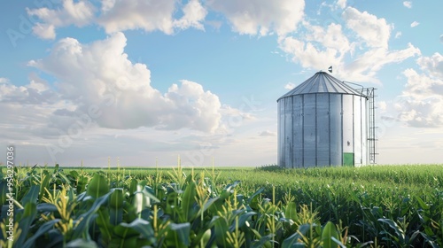 Grain bin and tower in a corn field photo