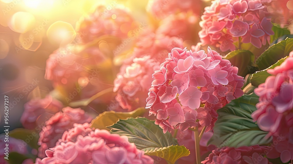 soft focus pink hydrangeas and leaves in summer soft focus pink hydrangeas and leaves in summer