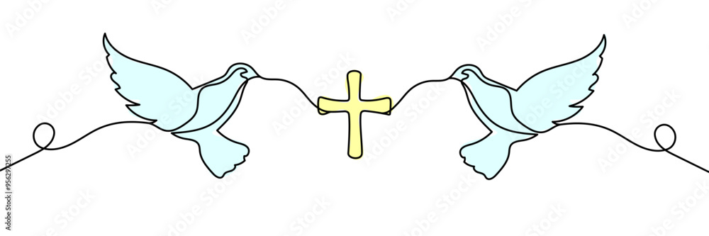 Continuous one line drawing of Two Doves flying with a Symbol of Religion. Cross. Dove Of Peace. Vector illustration. Continuous one line drawing of Two Doves flying with a Symbol of Religion. Cross. Dove Of Peace. Vector illustration.