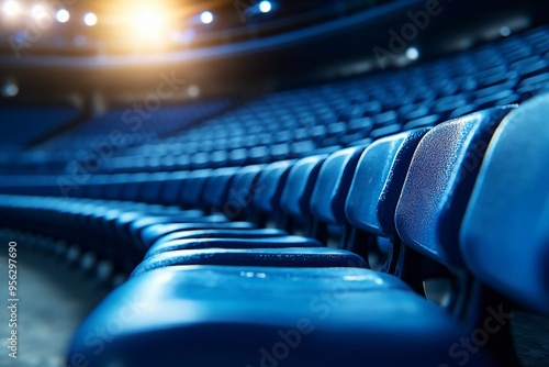 A close-up view of empty blue seats in a stadium, illuminated with dramatic lighting, perfect for event-related themes. photo