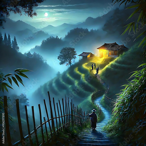 Eastern Painting - Moonlit Tranquility at the Mountain