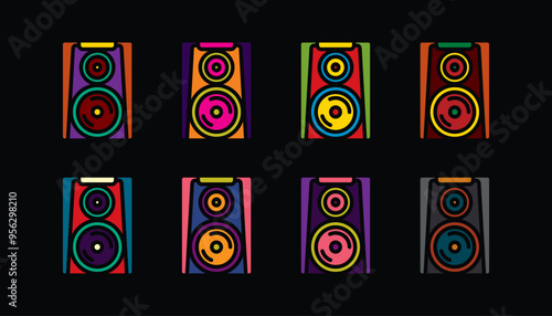 Original vector icon set in vintage style. Large music speaker.