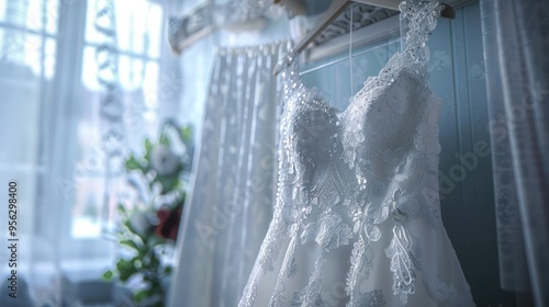 Beautiful bride s wedding dress decorated with patterns of shiny stones The bride s wedding dress is hung on a hanger in the room Classic bridal outfit for wedding ceremony photo