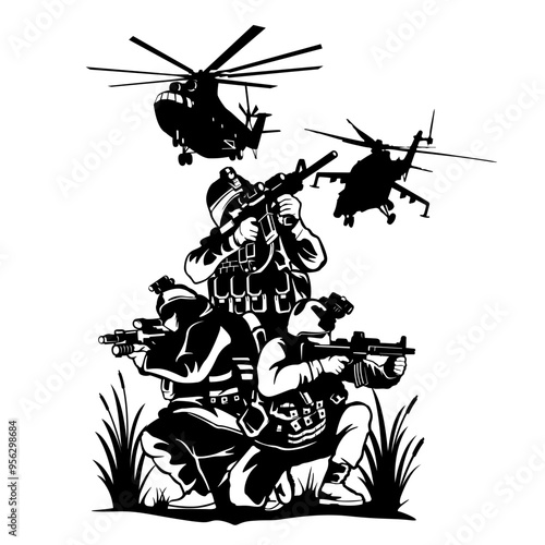 Military Scene | Veterans | Soldier | US Army | Navy | First Responders | Military | Black Hawk | Original Illustration | Vector and Clipart | Cutfile and Stencil