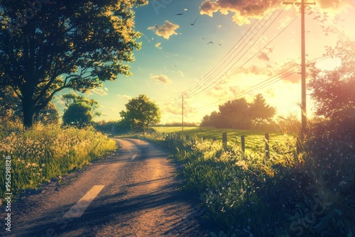 Serene rural road with gentle light casting a peaceful, cozy ambiance as twilight sets in. Cozy vibe, Generative AI
