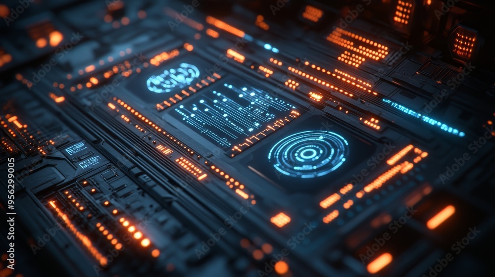 A copper board with glowing blue circuitry, displaying a futuristic user interface, symbols, and complex data streams, illuminated in a darkened environment A copper board with glowing blue circuitry, displaying a futuristic user interface, symbols, and complex data streams, illuminated in a darkened environment