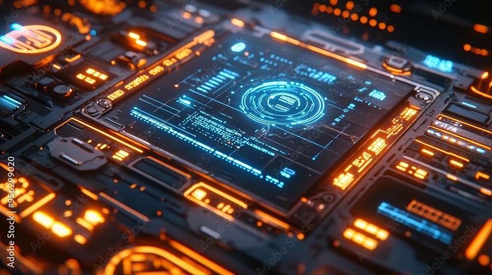 A copper board with glowing blue circuitry, displaying a futuristic user interface, symbols, and complex data streams, illuminated in a darkened environment A copper board with glowing blue circuitry, displaying a futuristic user interface, symbols, and complex data streams, illuminated in a darkened environment