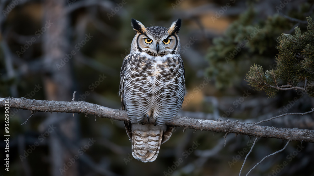 Obraz premium A large owl is perched on a tree branch