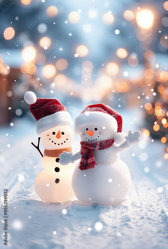 Two cheerful snowmen wearing Santa hats in a snowy winter scene, with festive lights and falling snowflakes. Two cheerful snowmen wearing Santa hats in a snowy winter scene, with festive lights and falling snowflakes.