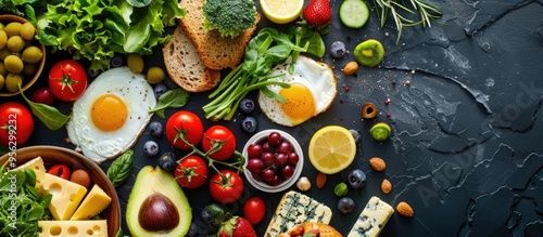 Fototapeta Naklejka Na Ścianę i Meble -  A delicious flat lay breakfast arrangement with fruits salad egg bread vegetables cheese and berries all beautifully displayed with ample copy space image