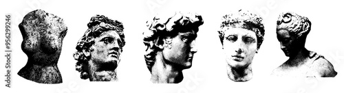 Ancient male, female bust sculpture isolated. Collage element of paper for poster, stickers, banner. Cutting shapes grunge vintage face part. Abstract vector set