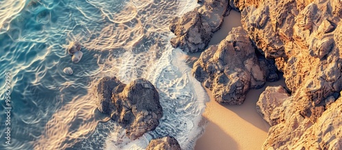 Top view of a rocky seashore with sandy texture and yellow desert dunes in the background ideal for showcasing summer products with a copy space image