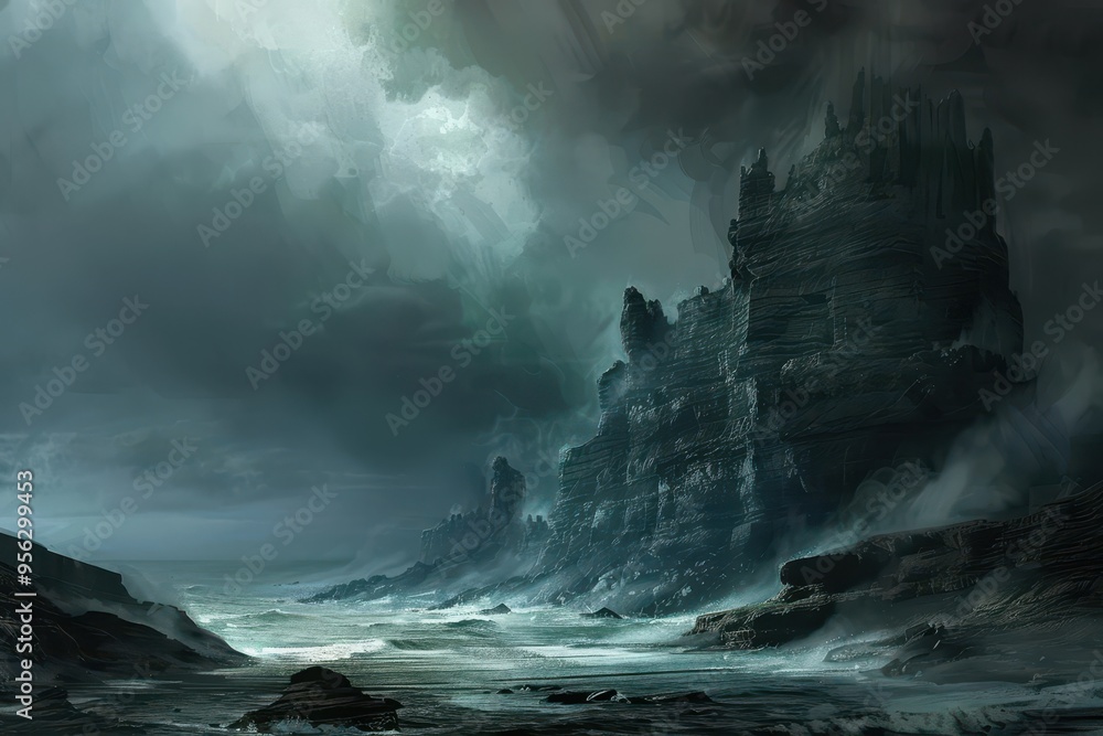 Fototapeta premium A Majestic Cliffside Fortress Amidst a Stormy Seascape