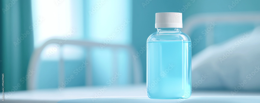A clear blue bottle featuring a white cap, placed elegantly on a bedside table in a calming room. A clear blue bottle featuring a white cap, placed elegantly on a bedside table in a calming room.