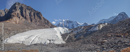 Glacier in a mountain valley, Altai, mountain travel, mountaineering, panoramic view