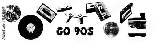 Retro objects Tape Recorders, Audio Cassette, play station, disco ball, vinyl, Polaroid. Collage element of paper for poster, stickers, banner. Cutting shapes grunge vintage face part. Abstract vector