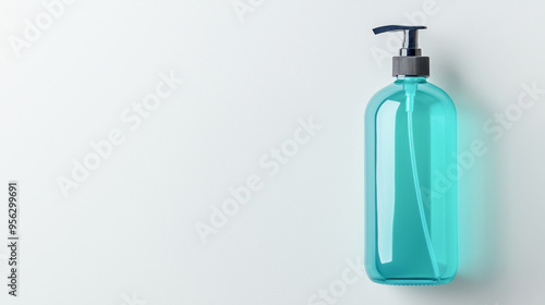 A clear blue bottle with a pump top, perfect for lotions or liquid soap, placed against a minimalist background.