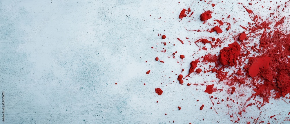 Abstract red powder splattered on a light gray surface, creating a striking visual contrast and dynamic texture. Abstract red powder splattered on a light gray surface, creating a striking visual contrast and dynamic texture.