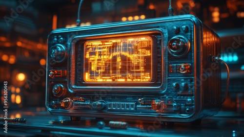 A futuristic twist on a vintage radio, with copper wires and components floating in mid-air, holographic display glowing above, Sci-Fi, Hologram, Illustration, Electric blue and copper tones photo