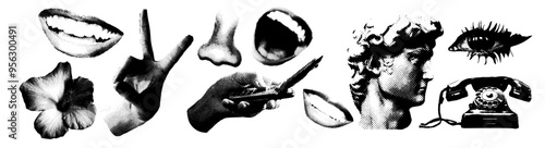 Halftone cut out eyes, mouth, lips from newspaper. Collage element of paper for poster, stickers, banner. Cutting shapes grunge vintage   face part. Abstract vector set