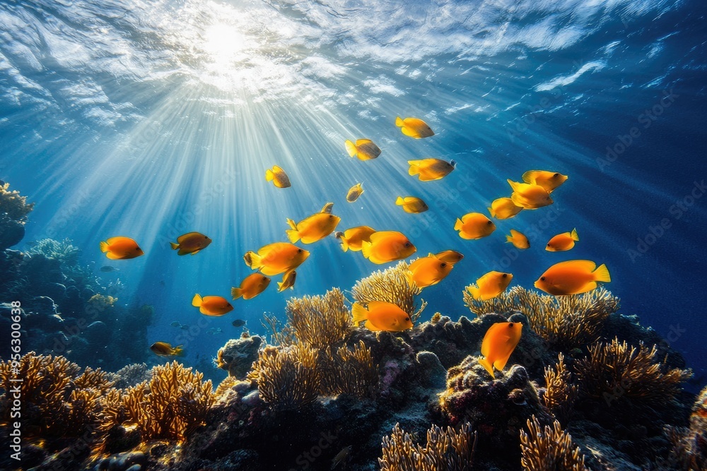 Fototapeta premium Sunbeams illuminate a school of yellow fish and coral reef underwater