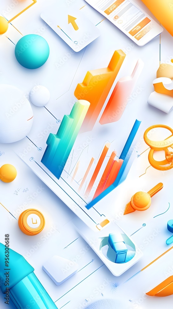 Abstract 3D Colorful Geometric Shapes and Charts on White Background. Abstract 3D Colorful Geometric Shapes and Charts on White Background.