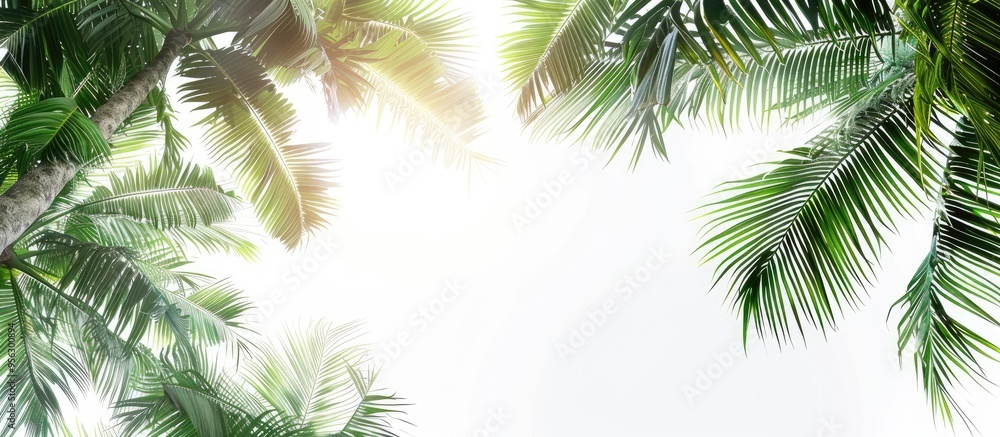 Clear white sky background with coconut tree leaves providing copy space image Clear white sky background with coconut tree leaves providing copy space image